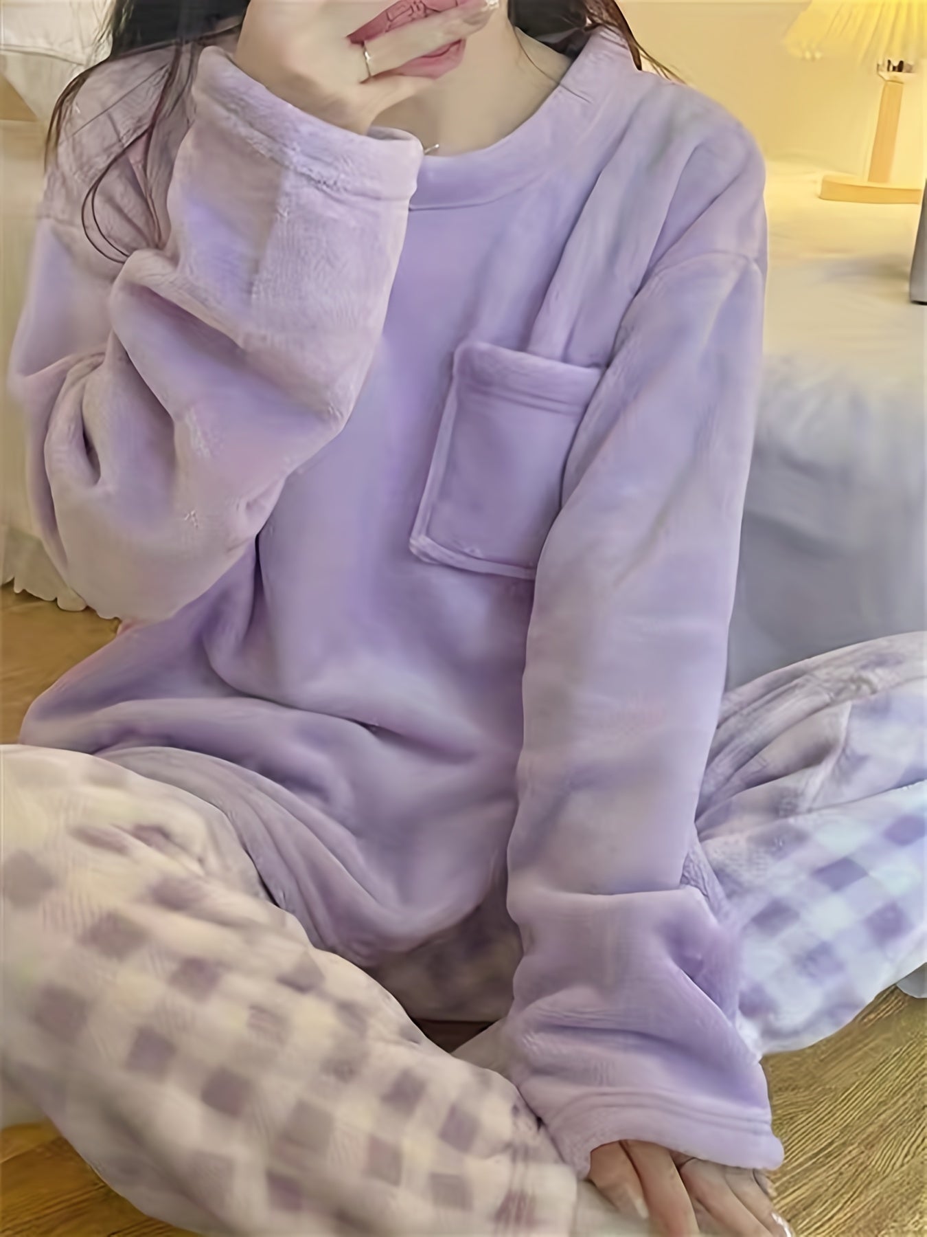 [Velvet Pajama] Winter Warm Velvet Pajama Set | Plaid Pattern Pajama, Solid Color Casual Home Wear Set