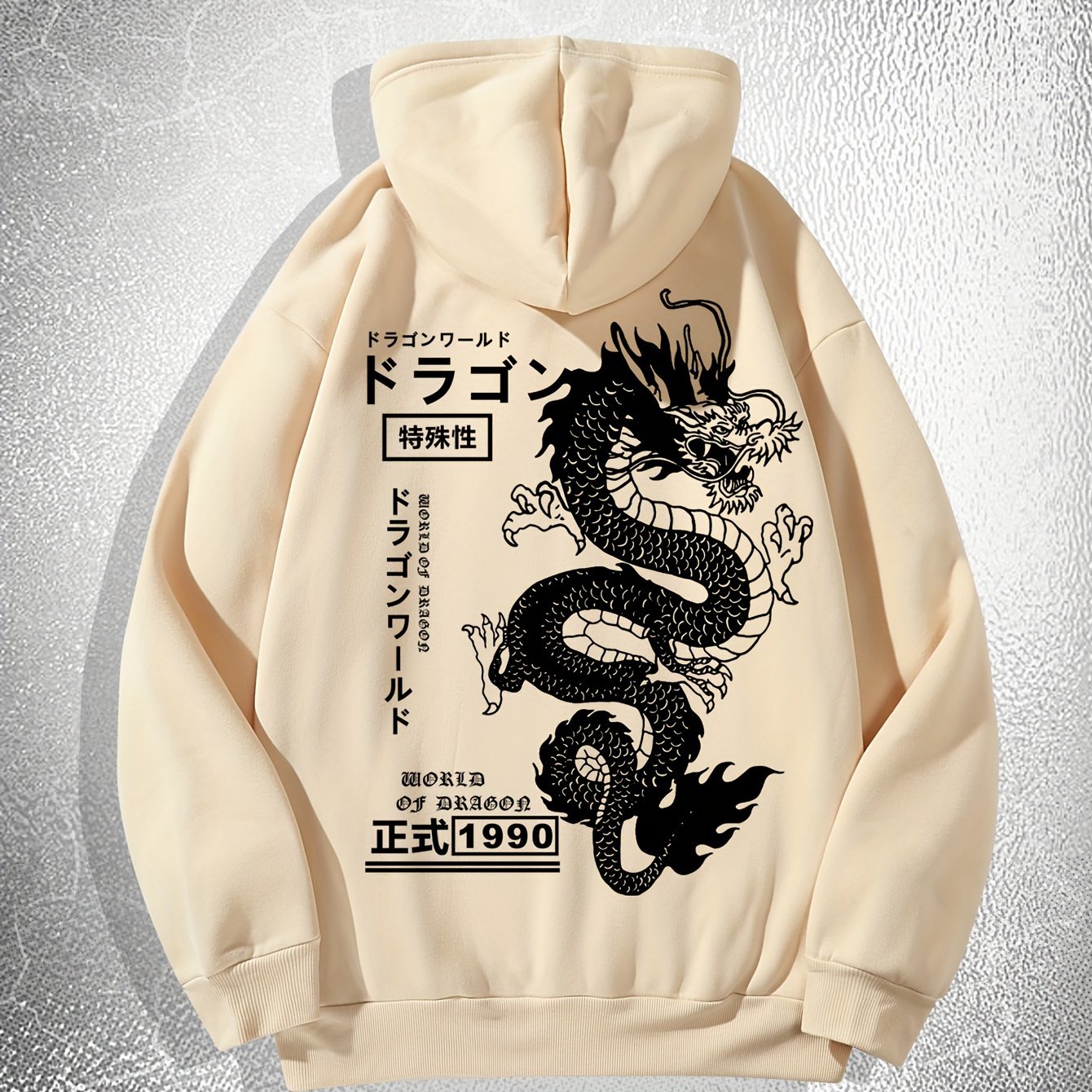 [Dragon Print Hoodie] White Polyester Dragon Print Hoodie - Casual & Trendy, Long Sleeves, Drawstring Hood - Streetwear Style