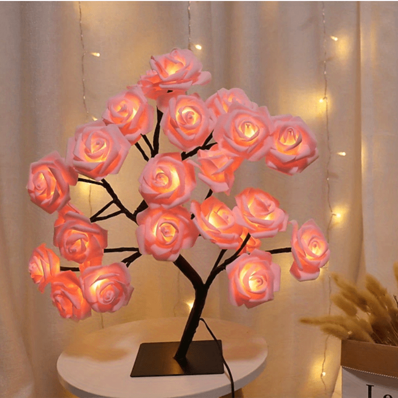 1pc LED Rose Flower Table Lamp, Valentine Tree Fairy Lights 24LED Rose Flower Tree Lights Valentine's Day USB Table Lamp Fairy Maple Leaf Night Light Home Party Christmas Wedding Bedroom Decoration Gift