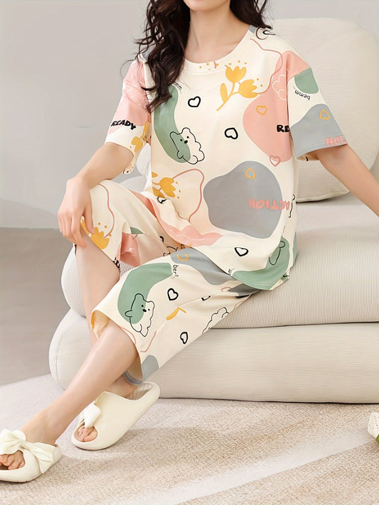 Cozy Cartoon Print Pajama Set - Soft Round Neck, Short Sleeve, Padded Top, Capri Pants, Breathable, Comfortable, Summer Sleepwear for Women - Cartoon Character Design, Relaxing Loungewear for Home