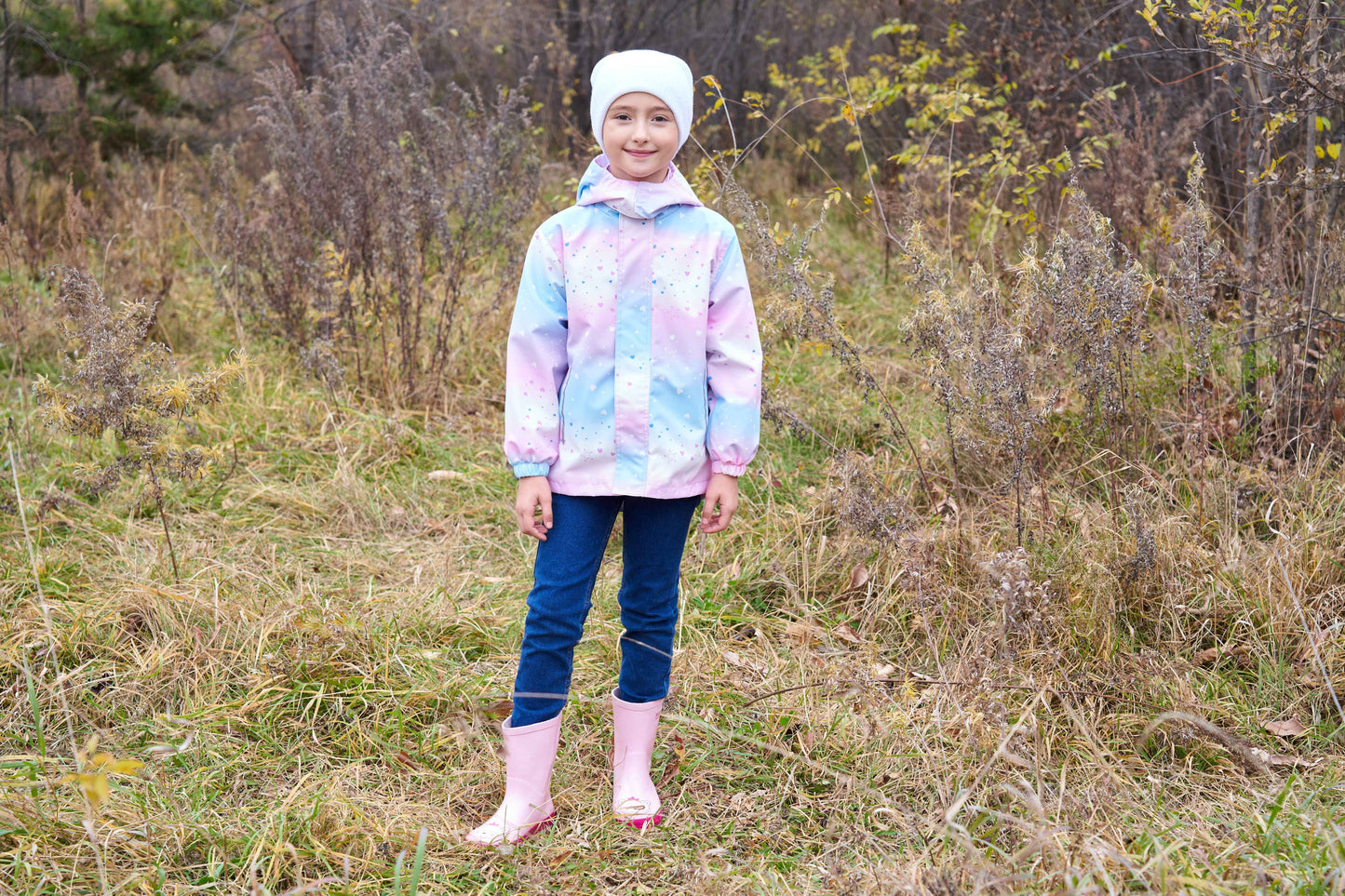 Girls' Gradient Color Hooded Jacket - Lightweight Windproof Winter Coat with Removable Hood, Zipper Closure & Animal Print Design for Casual Outings & Outdoor Play, Hooded Coat, Playful Design