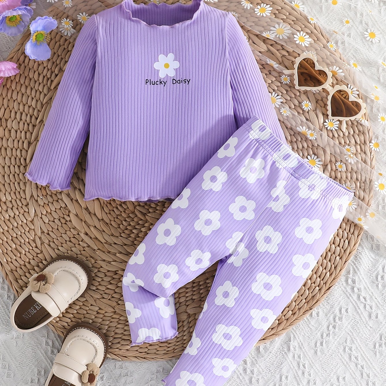 2-piece Baby's Flower Print Ribbed Long Sleeve Top + Casual Pants, Toddler & Infant Girl's Clothing Set Outdoor