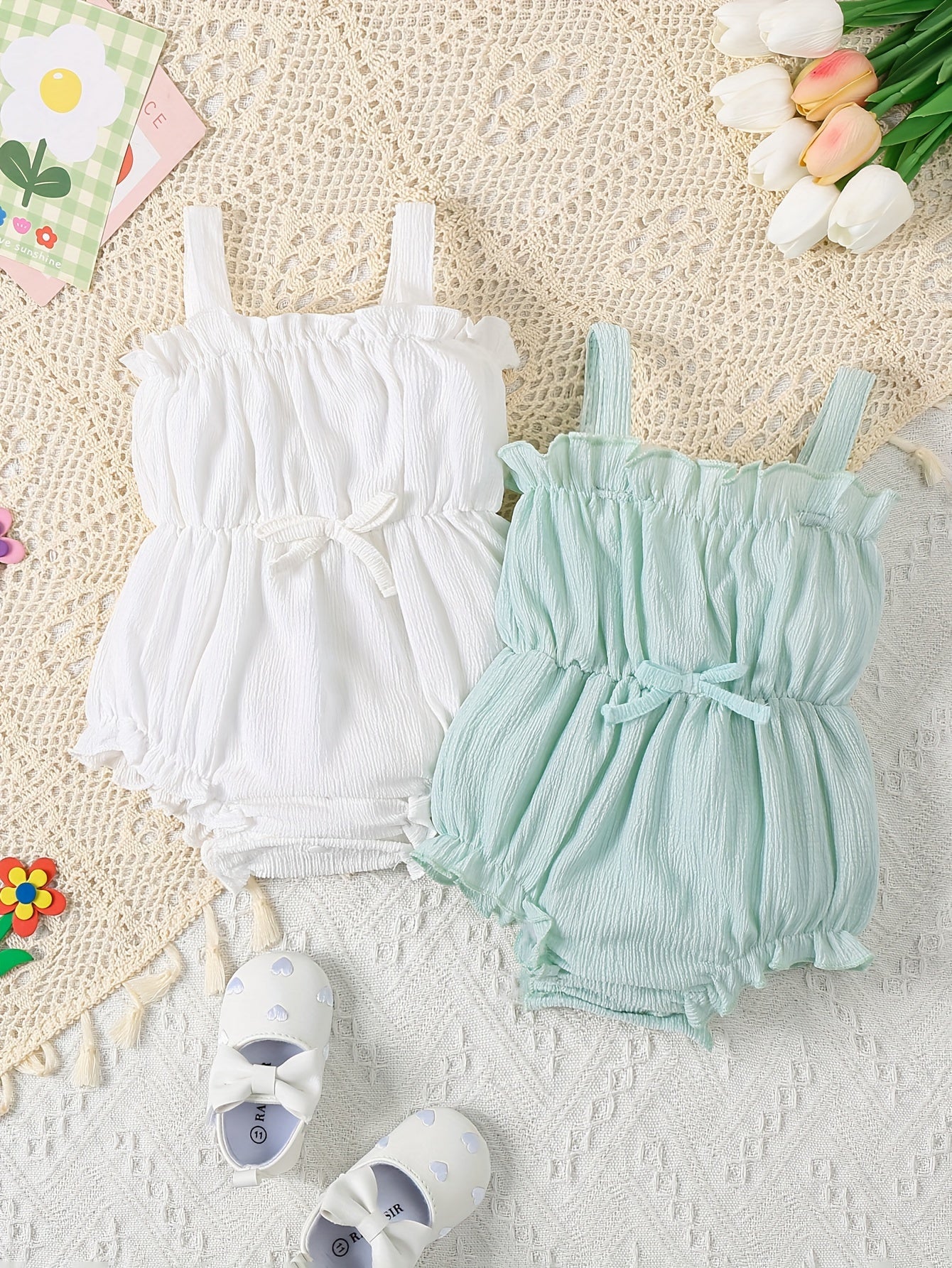 JOPGEEY 2pcs Soft & Stylish Baby Girl Rompers - Solid Color, Bubble Texture with Ruffled Trim, Perfect for Summer Outings, Perfect for Outdoor