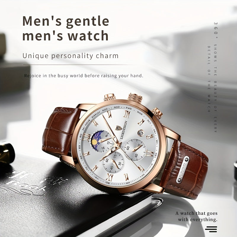 LIGE Men'S Quartz Watch | Vintage Style | Multi-Functional Chronograph | 30m | Calendar & Moon Phase | High-Quality Strap | Zinc Alloy Case, Electronic Drive | Non-rechargeable Button Battery | Luxury Business Watch, Business