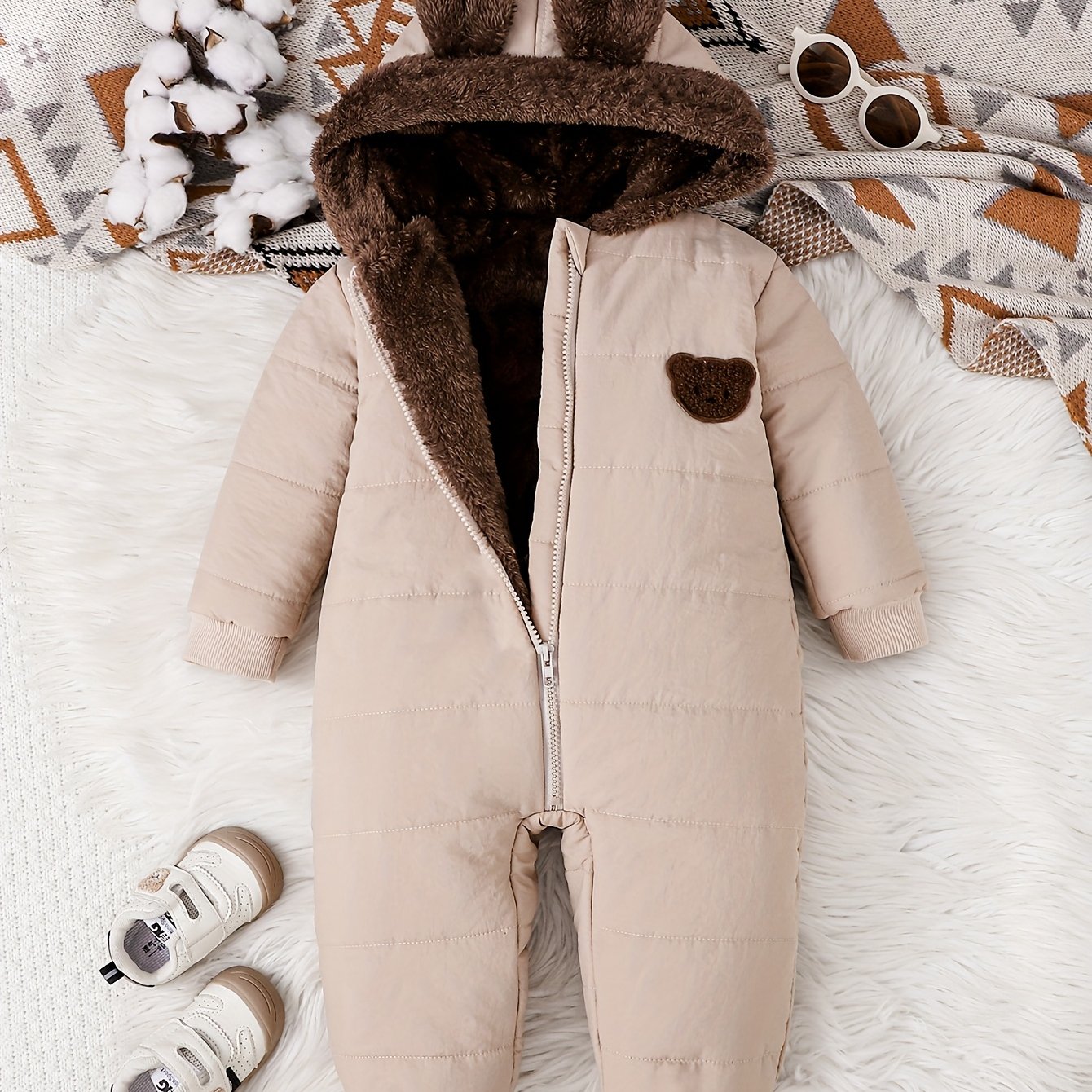 Baby Boy Winter Jumpsuit, Soft Plush Onesie with Hood, Warm Outfit Easy Diaper Change Loose Fit, Newborn Clothing for Infant & Toddler, Perfect for Cold Weather Outdoor & Photoshoots