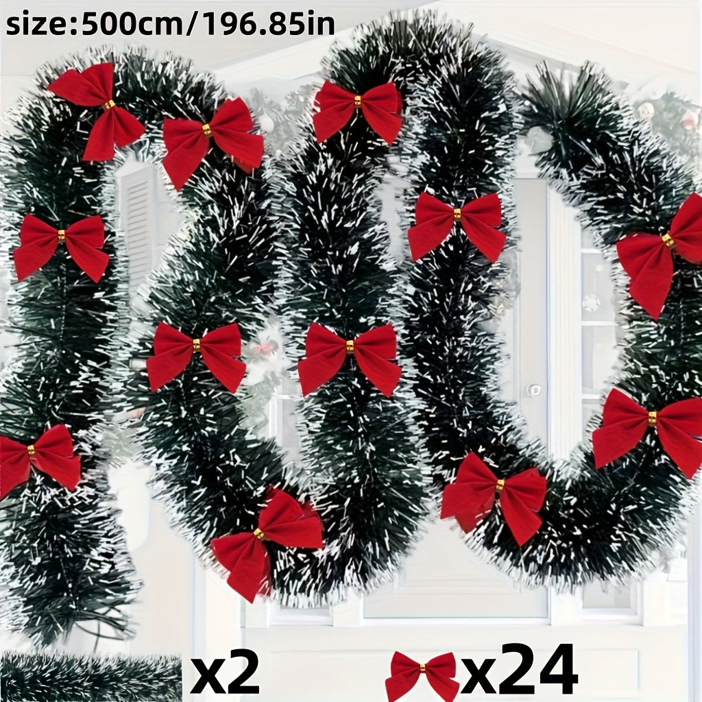 2-Piece Bow Christmas Rattan Garland, Total Length 10.0 meter, 1-Piece 196.85-Inch Dark Green and White Snowflake Christmas Flower Vine Decoration, No Lights Artificial Wreath for Indoor/Outdoor Use, High-Quality Soft Green H