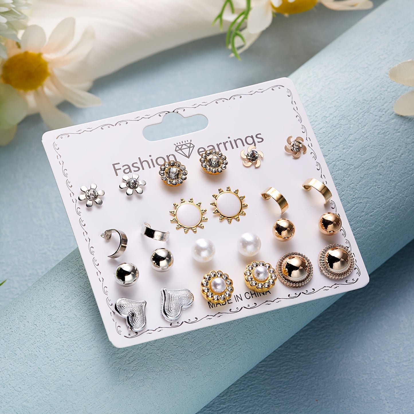 12Pairs/Set Flower Faux Pearl Heart Strawberry Stud Earrings Set, Simple Golden Earrings For Girls, Daily Week Earrings Set, Ideal choice for Gifts