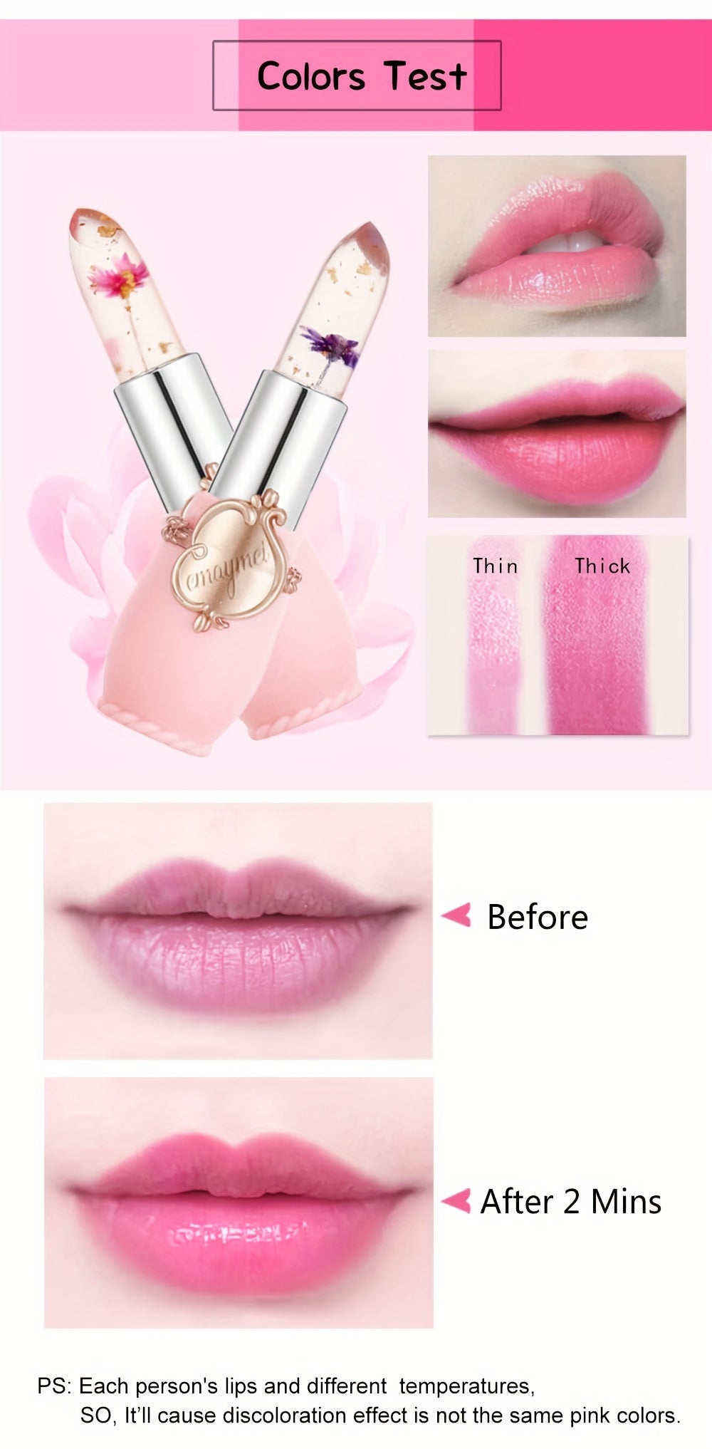6-Piece Set of emaymei Vibrant Transparent Jelly Change Lipsticks - Featuring Crystal Golden Foil, Delicate Flower Petals, Shimmering Pink Hues, and Long-Lasting Moisturizing Formula for a Perfect Pout
