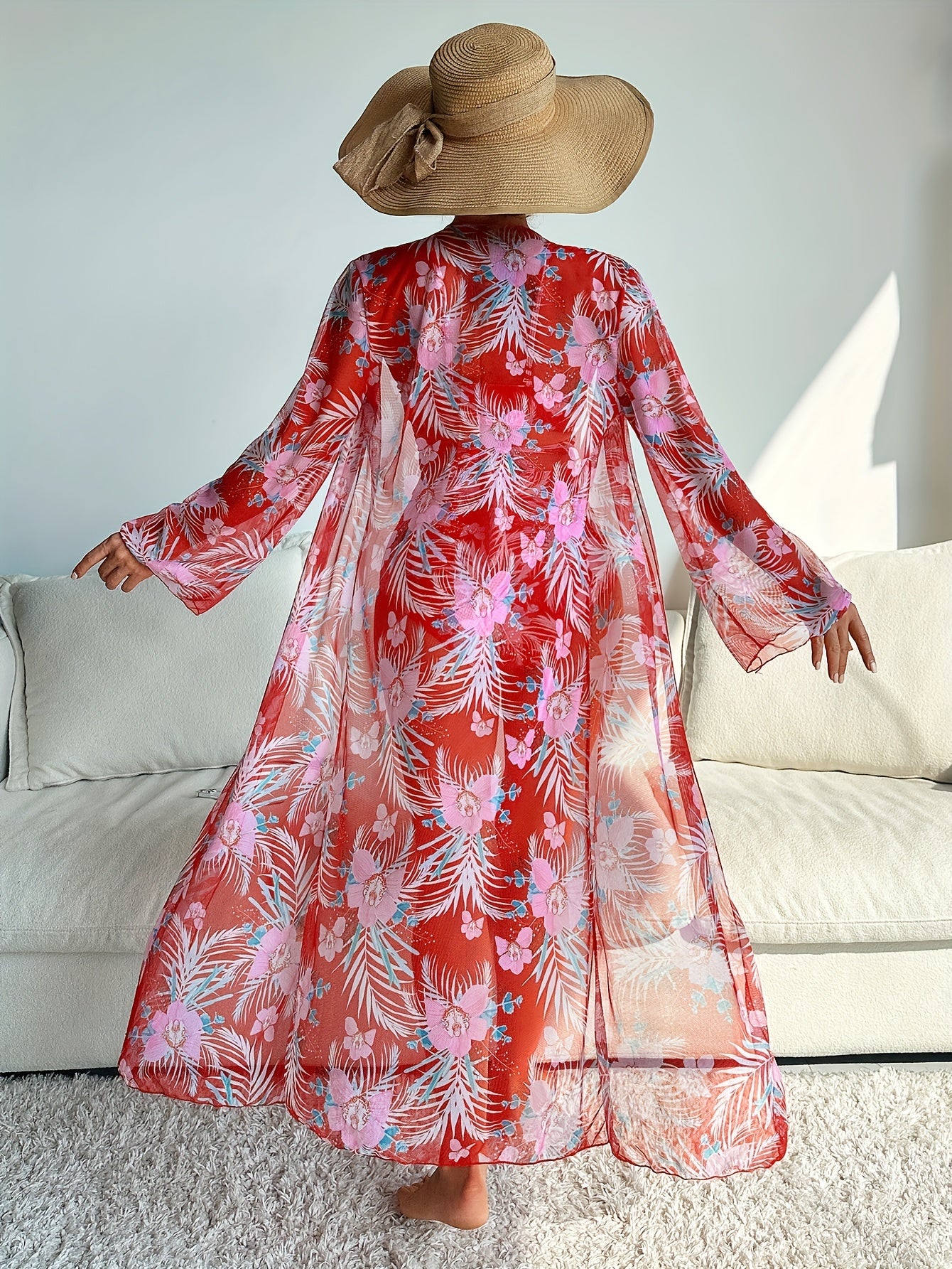 3 Piece Set Stretchy Floral Print Long Sleeve V Neck Tie Back Swimsuits - High Stretch Polyester Bikini Set with Kimono Cover Up - Perfect for Swimming and Beach Activities