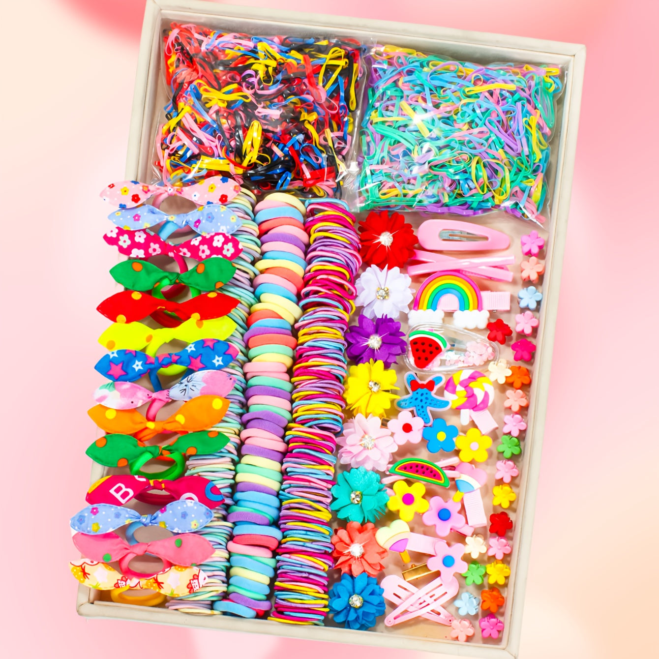 914/879/869/864/280pcs/set Kawaii Colorful Cartoon Hair Accessories Set, includes cartoon hair clips, claw clips, BB clips, rhinestone flower clips, various hair ties, scrunchies, and headbands - essential for daily cute styl