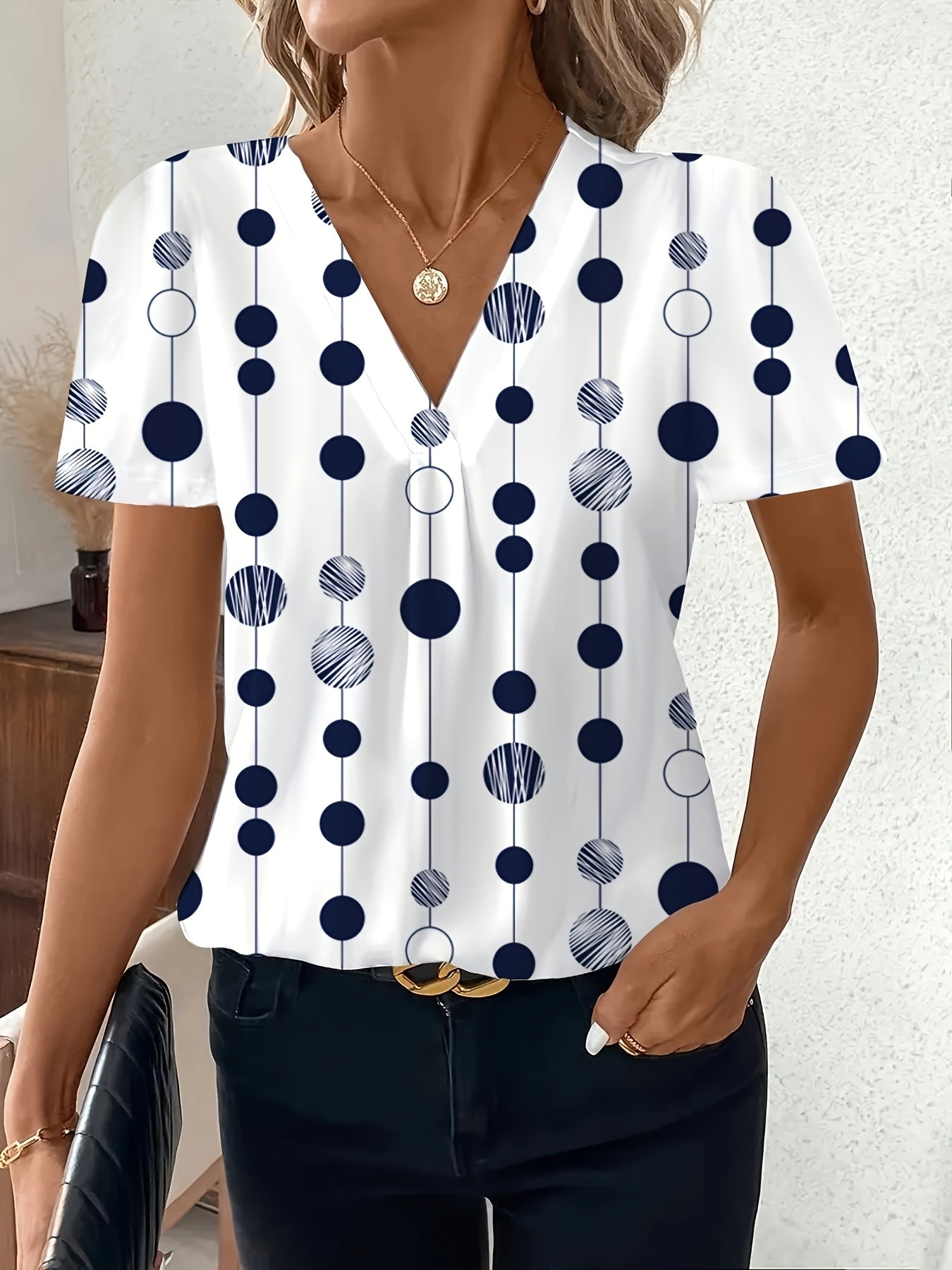 New Spring and Summer Fashionable Elegant Women's Shirt with Geometric Flower Pattern, Chest Pleats and V-Neck Short Sleeves
