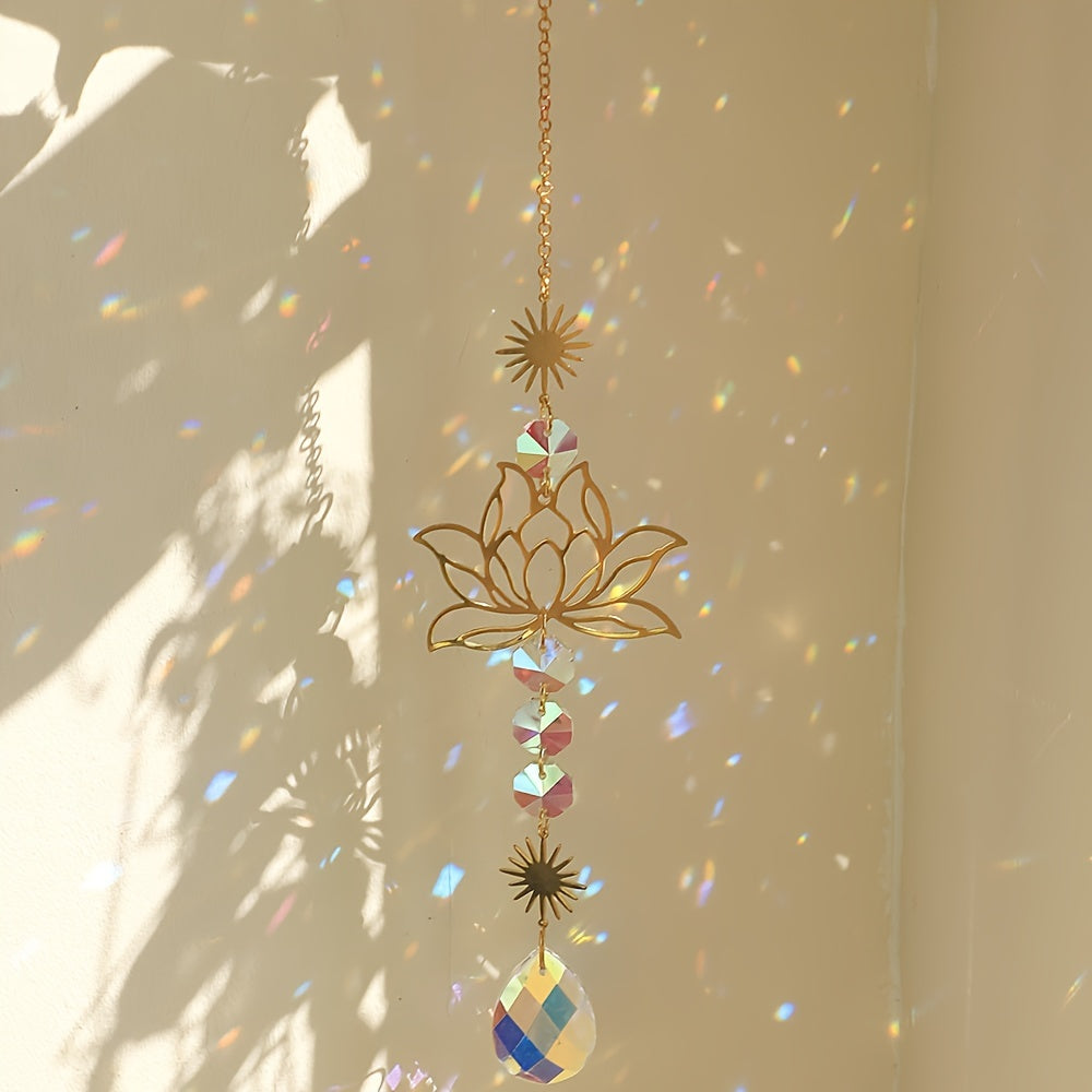 1pc Exquisite Lotus Flower Crystal Glass Suncatcher with Prism Beads, Celestial Accents, and Dazzling Refractions for Beautiful Window Decor and Sunlight Reflection