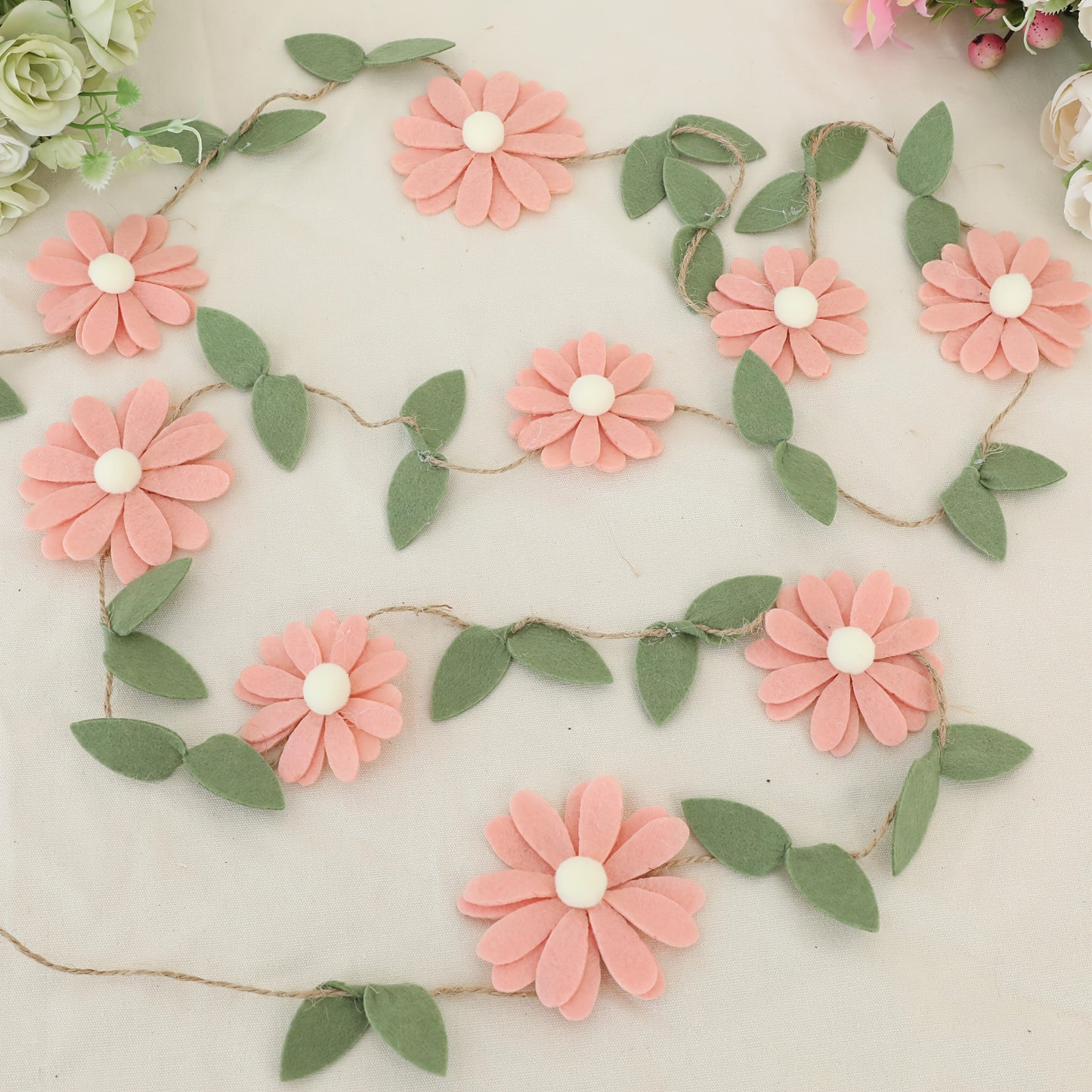 Handcrafted Bohemian Flower Garland - Pastel Pink, White, Orange, Purple Daisy Decor with Green Leaves on Twine - Ideal for Spring Events, Weddings, Birthdays, Youngsters Showers - Versatile Fabric Photo Backdrop & Bedroom De