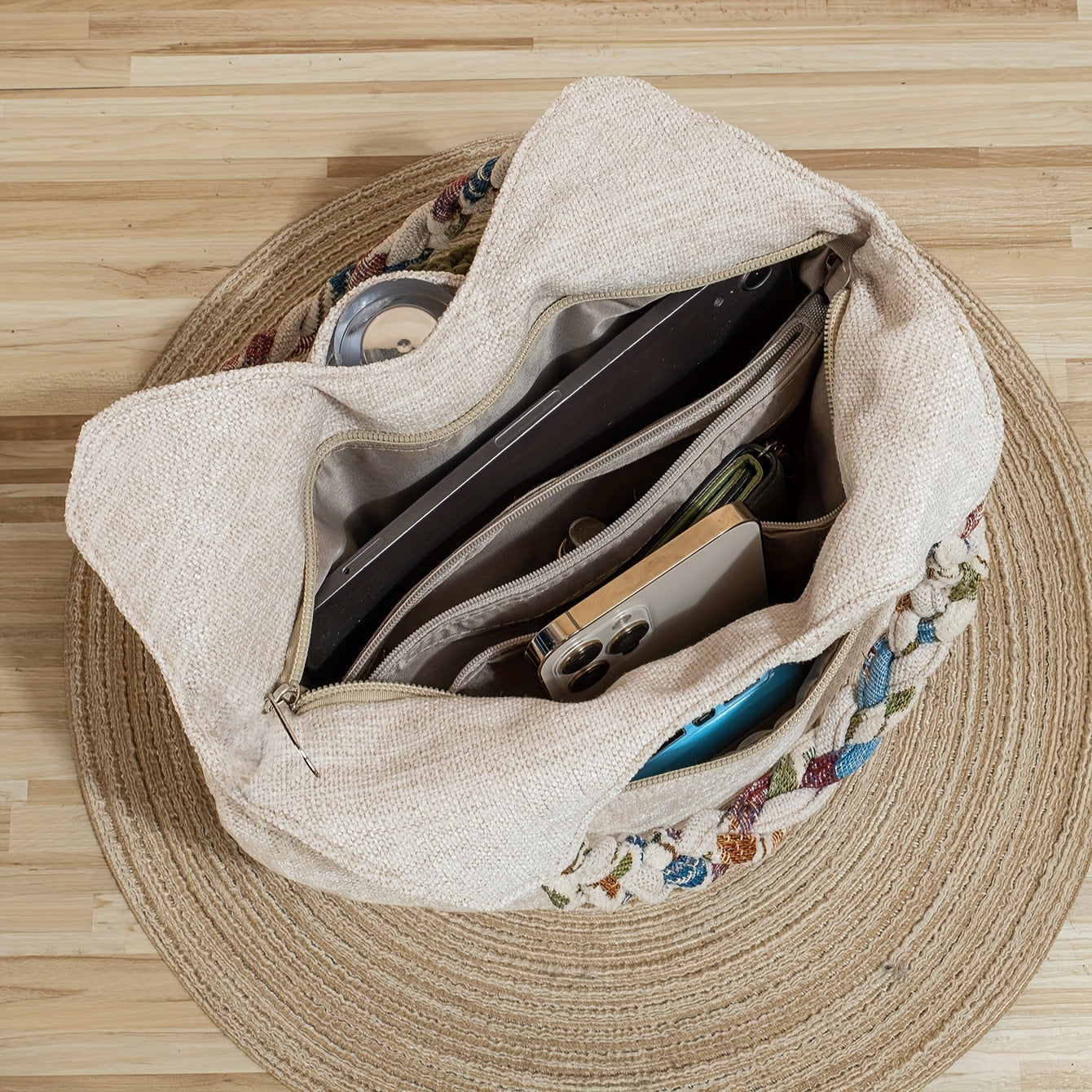 Foldable Zipper Closure Bohemian Style Handmade Flower Tote Bag - Fixed Shoulder Strap, with Wristlet, for Vacation