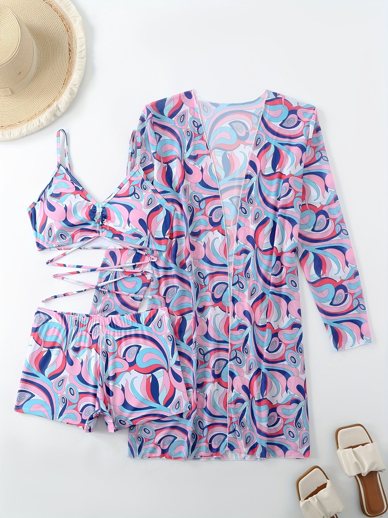 Three-piece swimsuit with flat-leg bikini for women, new style with split top and bow, fashionable beach and swimming outfit