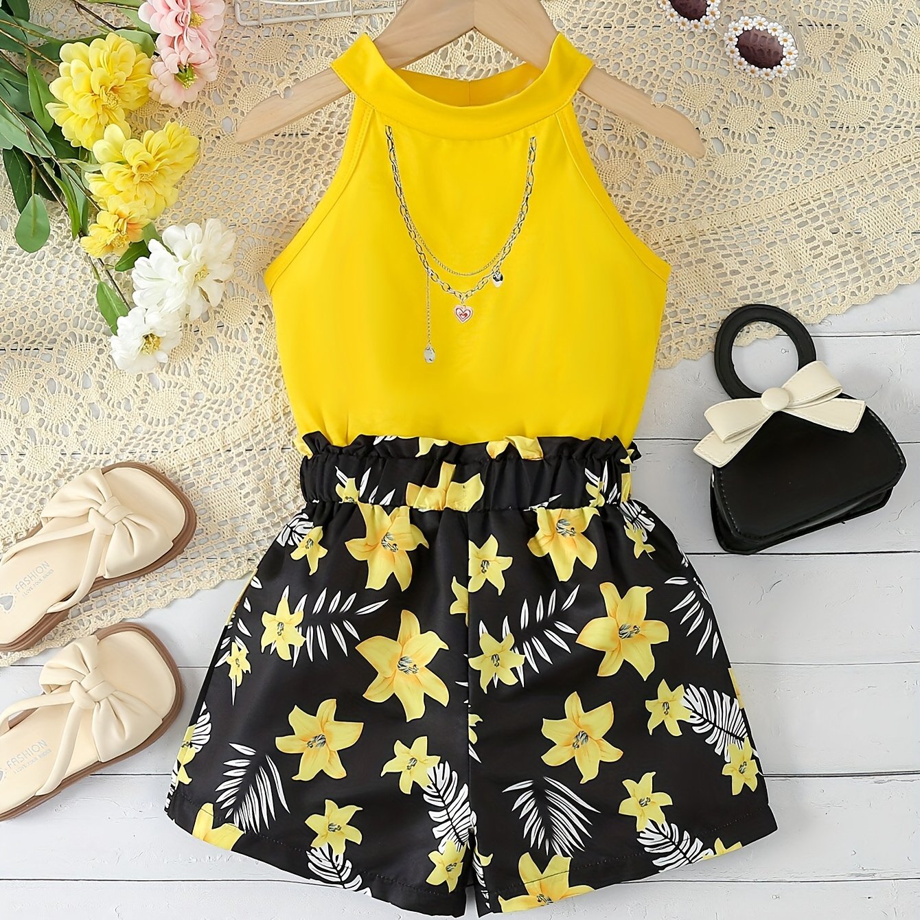 Sweet Girls 2pcs Flower Print Halter Neck Sleeveless Top + Shorts Set Summer Outdoor Clothes Gift