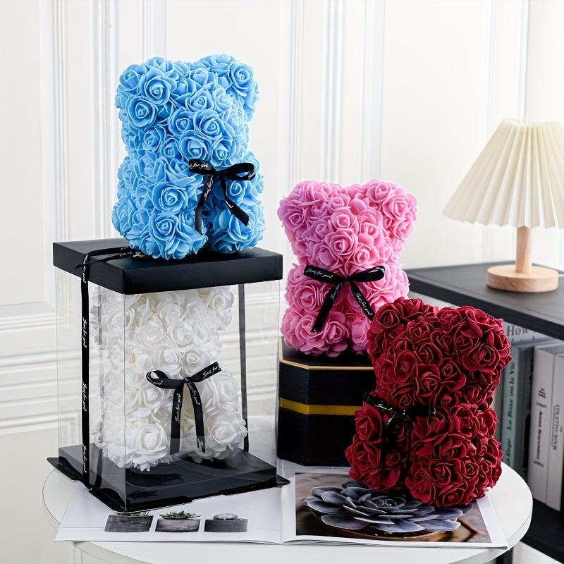 20cm Deluxe Artificial Rose Bear Flower Arrangement - Exquisite Foam Roses in Decorative Container for Romantic Home Decor, Festive Celebrations, and Thoughtful Gift-Giving - Perfect for Valentine's Day, Mother's Day, Anniver