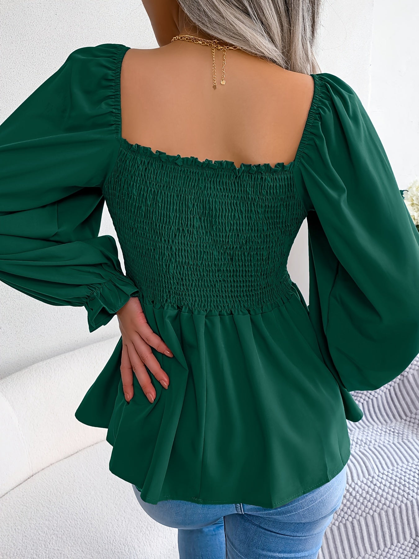 Shirred Lantern Sleeve Shirt, Casual Squared Neck Pleated Ruffle Trim Solid Shirt, Women's Clothing Wedding holiday vacation