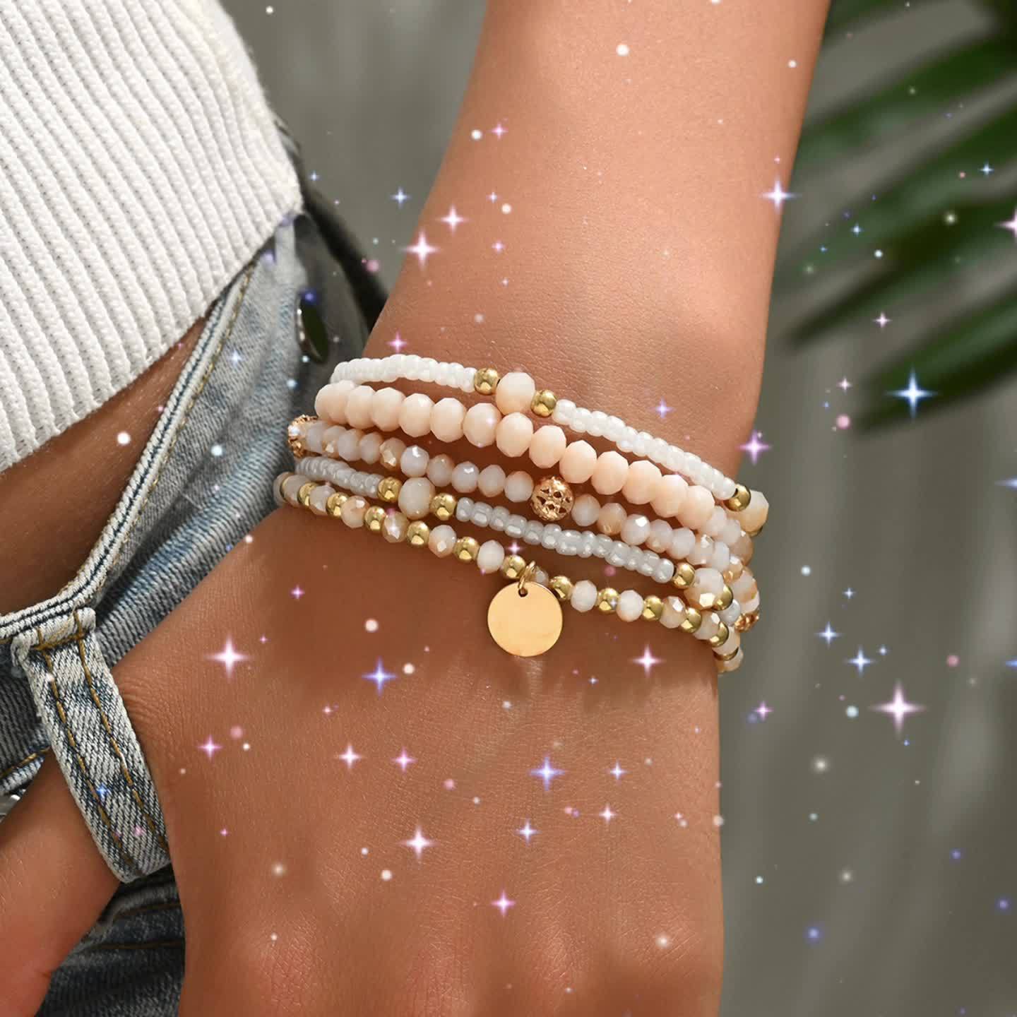 Set of Five Minimalist Round Pendant Bead Bracelets