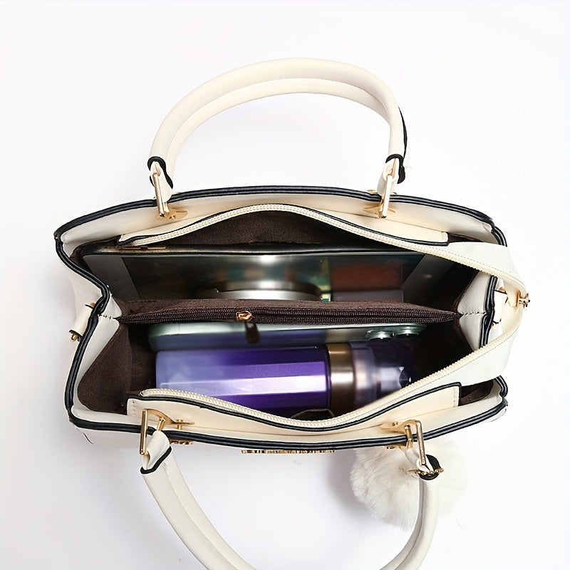 [Faux Leather Shoulder Handbag] Elegant Faux Leather Handbag - Lightweight Solid Color Shoulder Bag with Tassel Embellishment, Adjustable Strap, Zipper Closure, Polyester Lined, Edge Paint Detail - Available in Multiple Color