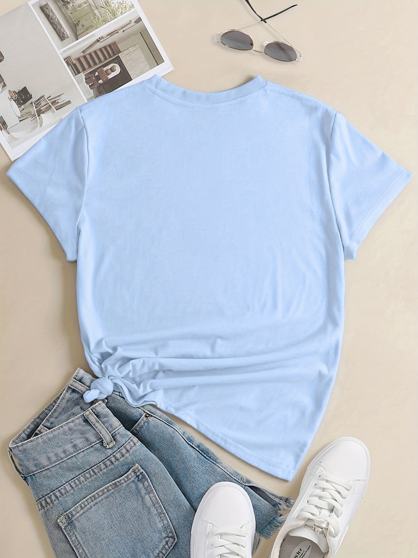 Plus Size Face Print Short Sleeve T-shirt, Women's Plus Slight Stretch Round Neck Casual Tee