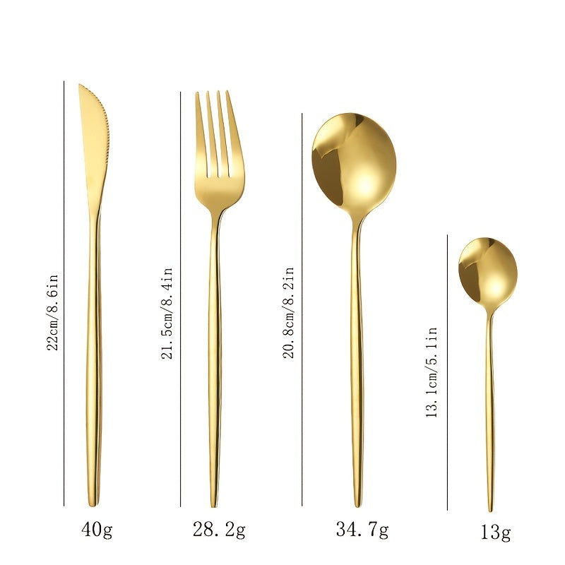 24-Piece Stainless Steel Portuguese Cutlery Set - Golden Western Steak Knife, Fork, and Spoon for Family Restaurant, Dishwasher Safe, Eid Al-Adha Gift - Durable Tabletop Serveware for Food Service Equipment & Supplies