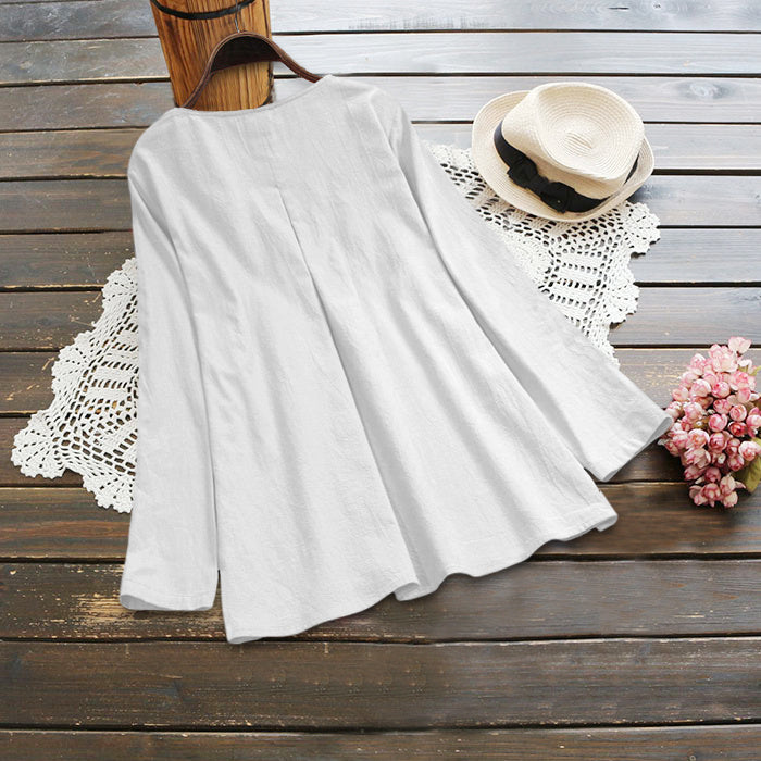 Plus Size - Plus Size Women'S Long Sleeve Loose Fit Round Neck Blouse - Light Green Pleated Casual Shirt with Button Details, Non-Stretch Fabric, Perfect for Spring/Fall, Ladies Blouses