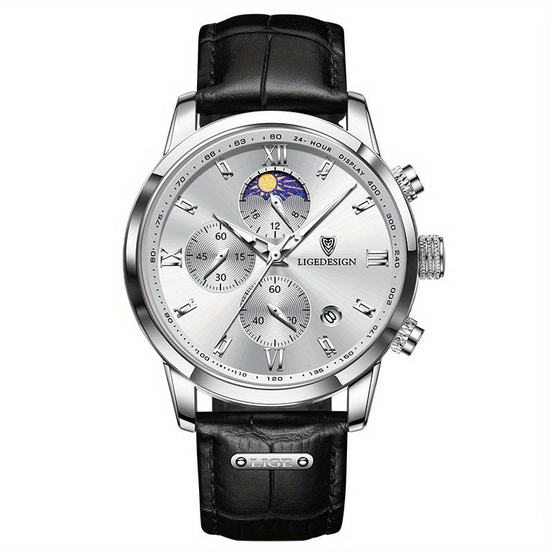 LIGE Men'S Quartz Watch | Vintage Style | Multi-Functional Chronograph | 30m | Calendar & Moon Phase | High-Quality Strap | Zinc Alloy Case, Electronic Drive | Non-rechargeable Button Battery | Luxury Business Watch, Business