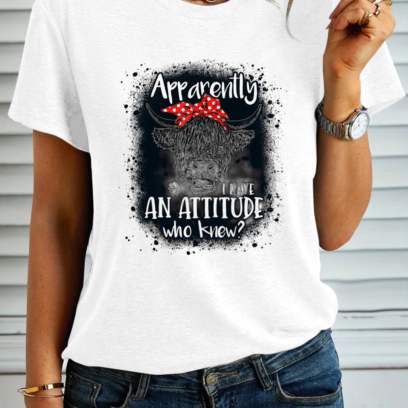 Women's Fashion T-shirt, "Apparently I Have An Attitude Who Knew" Highland Cow Pattern Casual Short Sleeve Top