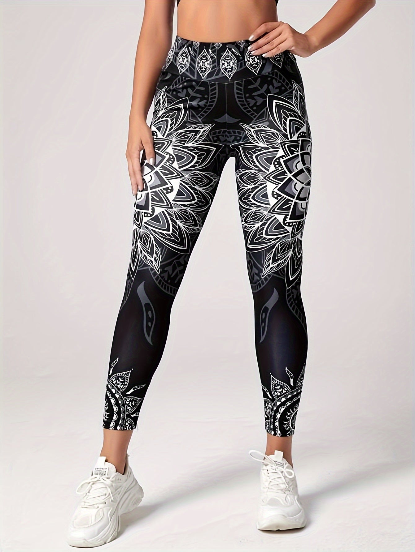 Flower Print High Waist Yoga Pants, High Stretch Running Fitness Workout Leggings, Women's Activewear