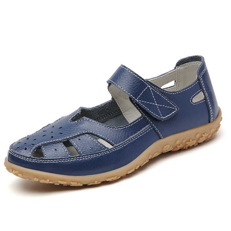 Soft Sole Women's Cut-out Flat Sandals, Non Slip Closed Toe Casual Walking Shoes with Hook & Loop