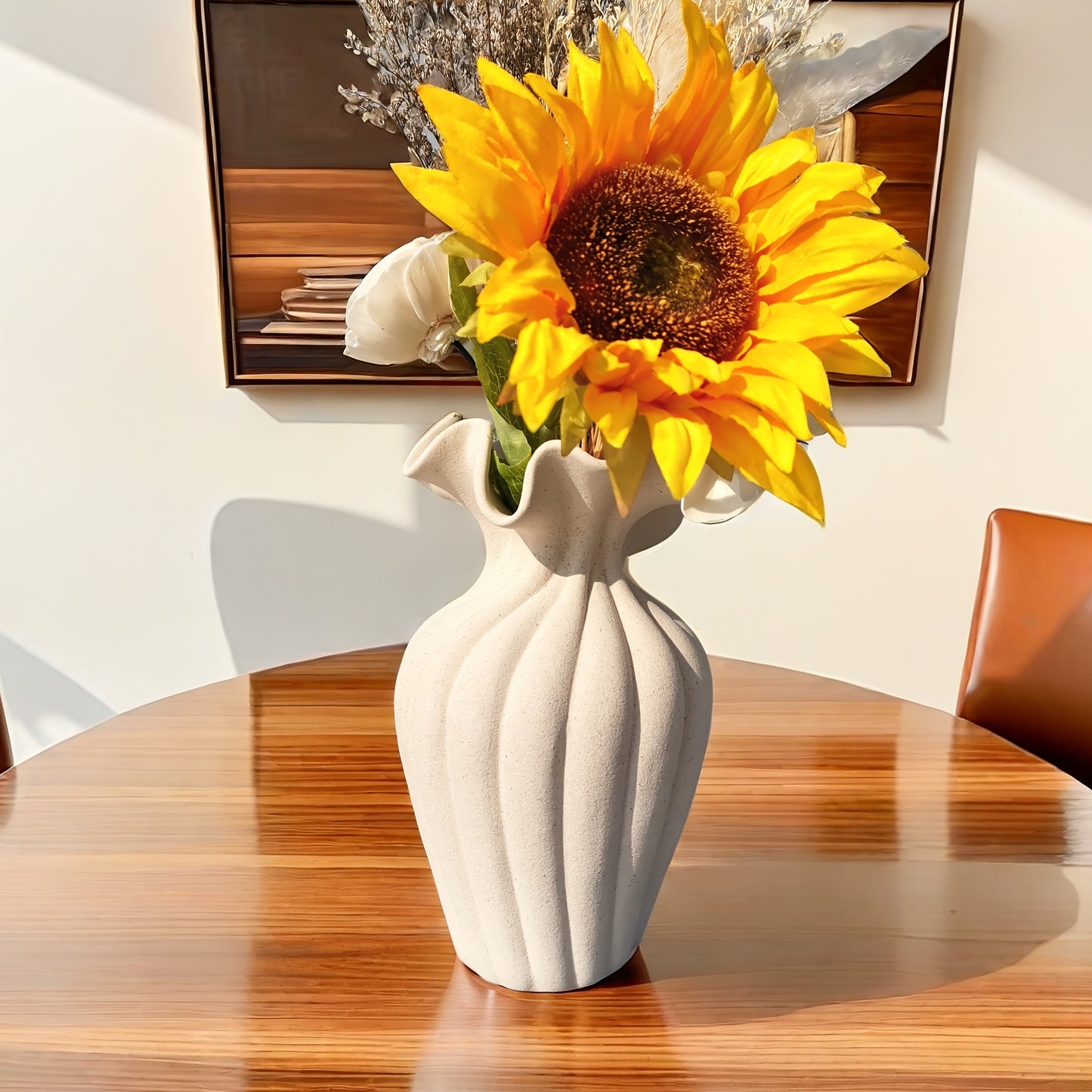 Elegant 20cm Striped Ceramic Vase with Skirt Element Design - Modern Art Style, Perfect for Fresh and Hydroponic Flowers, International Style, Flower Arrangement | Elegant Decor | Striped Texture, Vases Home Decor