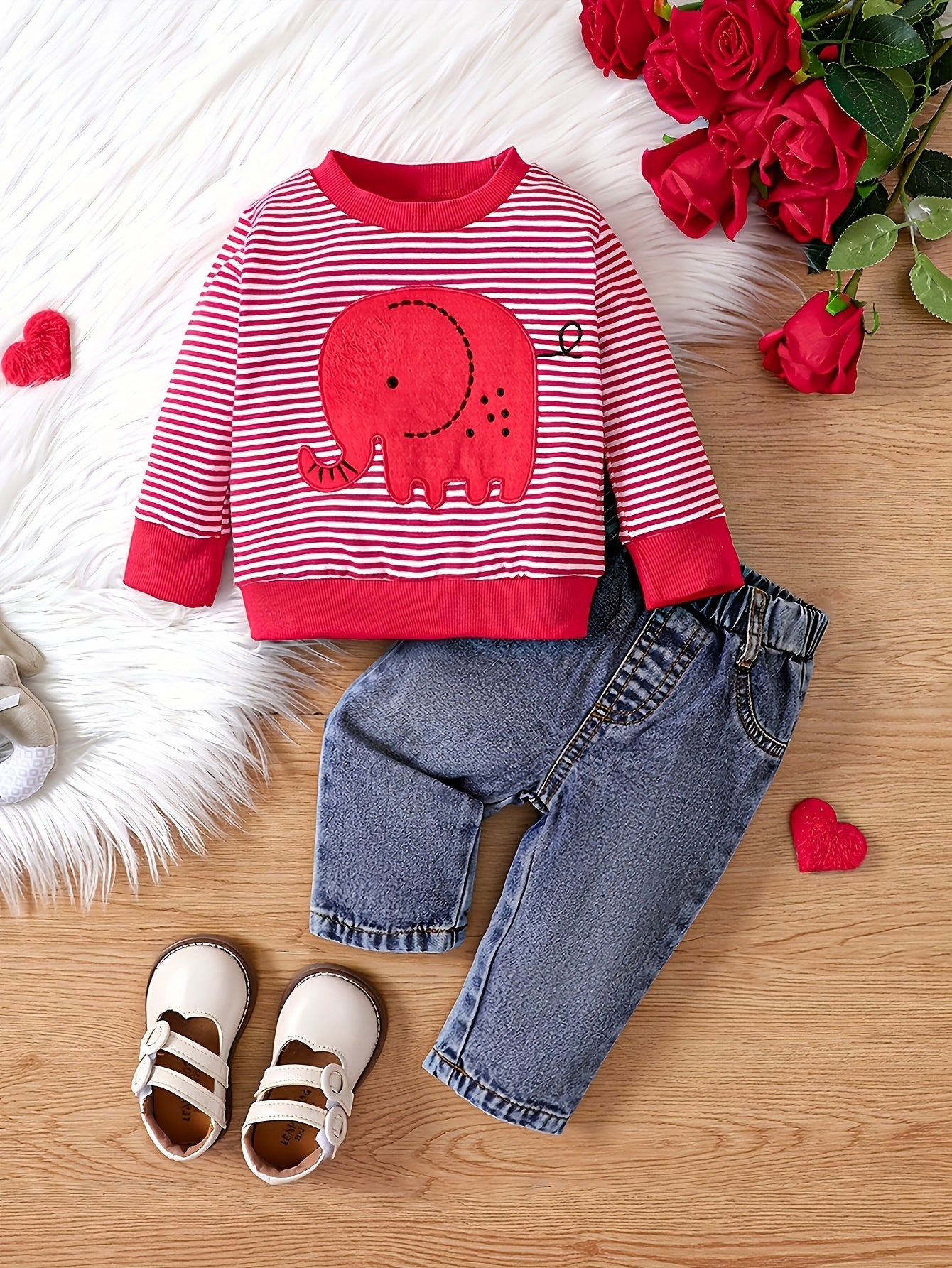 2pcs Infant Baby Boy Cute Striped Elephant Pattern Long Sleeve Top & Denim Trousers Outdoor Set For Spring And Autumn