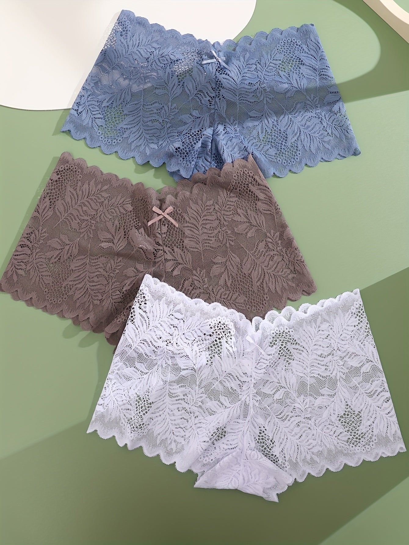 3pcs FINETOO Women's Sexy Low-Rise Lace Boyshort Panties - Breathable, Stretchy Nylon Blend with Floral Pattern, Scalloped Trim in Black, White, & Pinkish-Beige