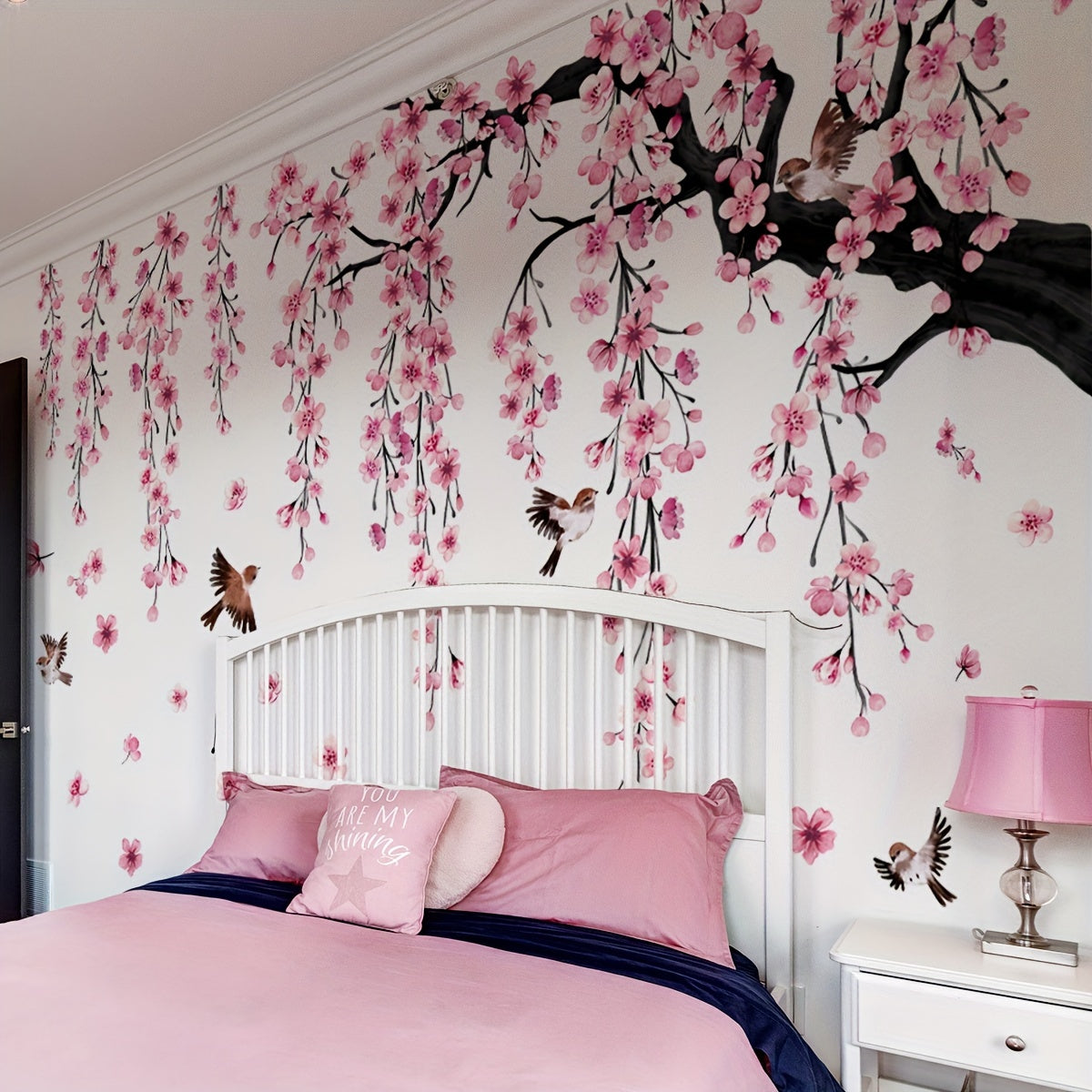 A Set of 4 Creative Pink Peach Blossom Tree Bird Falling Flower Bathtub Stickers for The Living Room, Bedroom, And Bathroom Wall Decor MS7194-YC