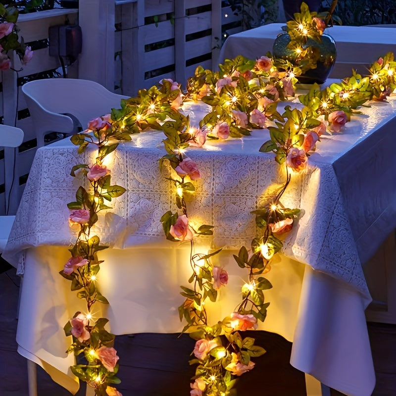 20 LED Champagne Rose Garland String Lights, 2m Floral Vine with Switch Control, Battery Powered, Plastic, Christmas Decorative Flower Theme, No Battery Included