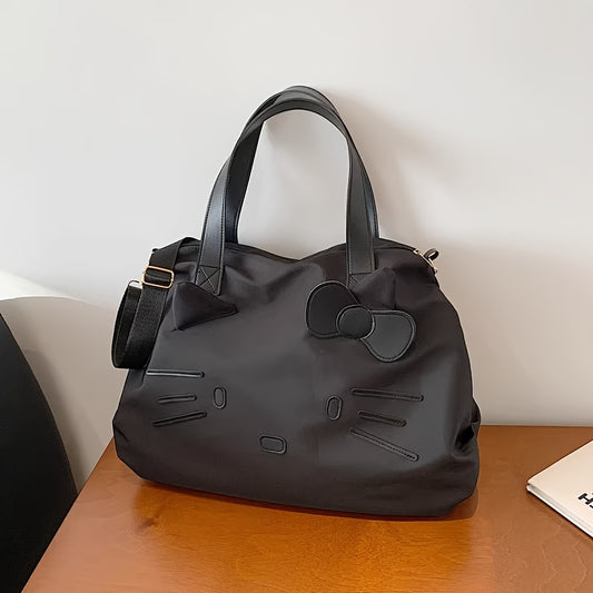 SANRIO Black Nylon Tote Bag with Zipper Closure, Detachable Shoulder Strap, and Cute Character Design for Short Trips, Business Travel, and Daily Use