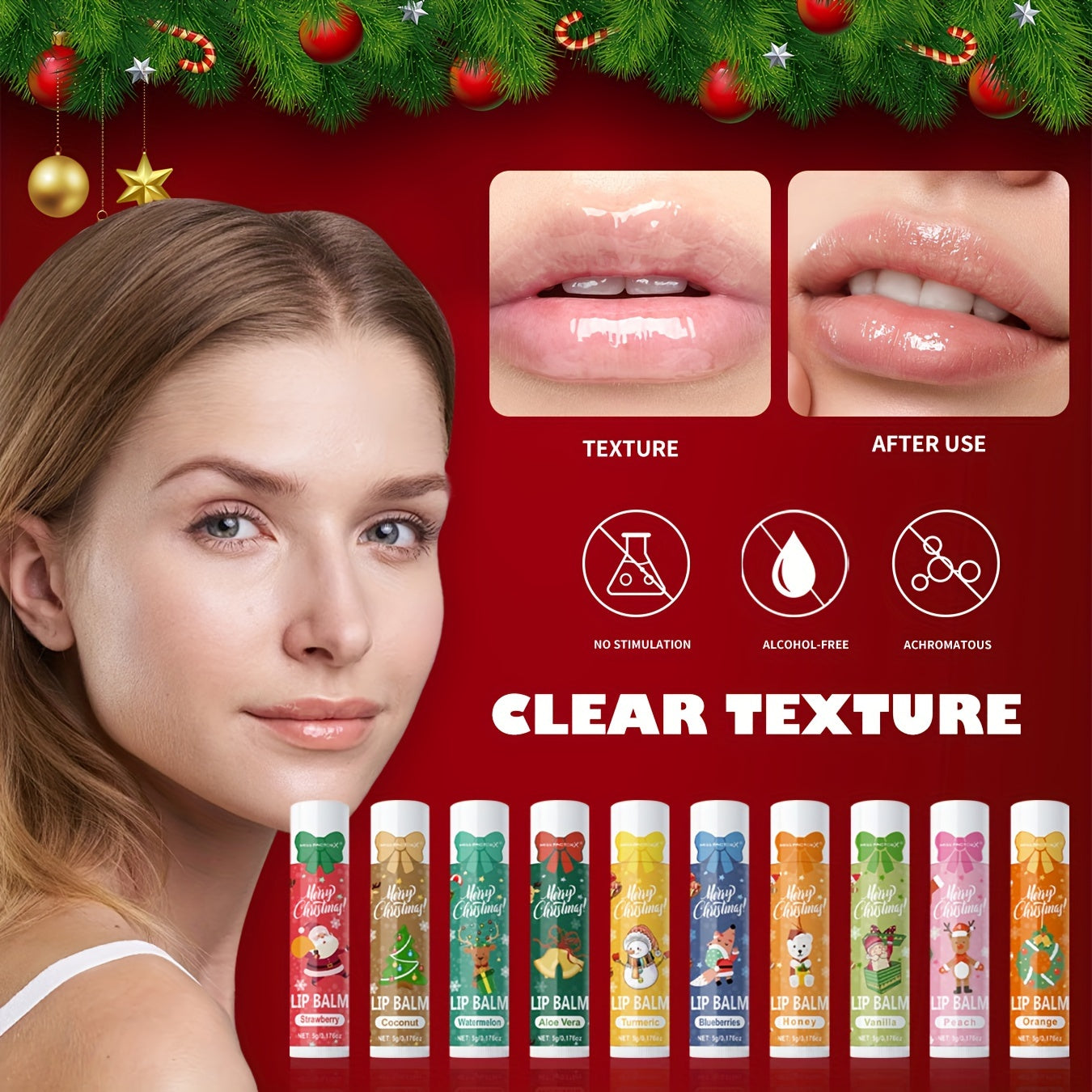 Gift Set 10pcs/Box Deep Hydration Long-Lasting Moisturizing Lip Balm Set Smooth Lips Christmas Theme Gift New Year Gift Valentine'S Day Gift, Travel Lip Balm Set, Texture(s) ranged from Gel beads + normal forms, Warm Pink+you