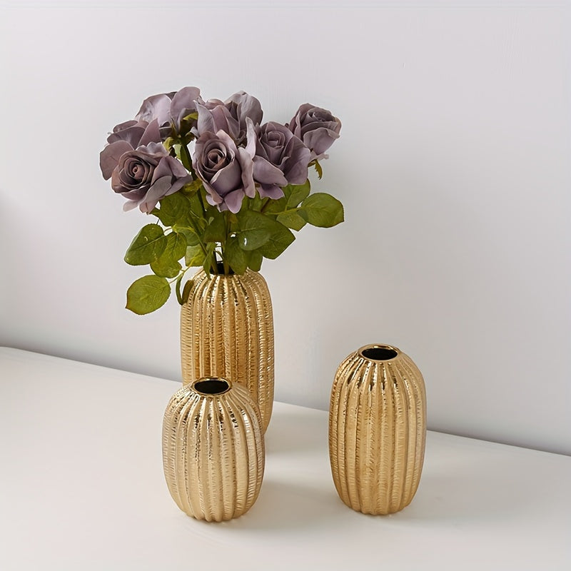 1pc Modern Simple Ceramic Vase Ornament Creative Golden Flower Vase Home Living Room Soft Decoration Dried Flower Vase