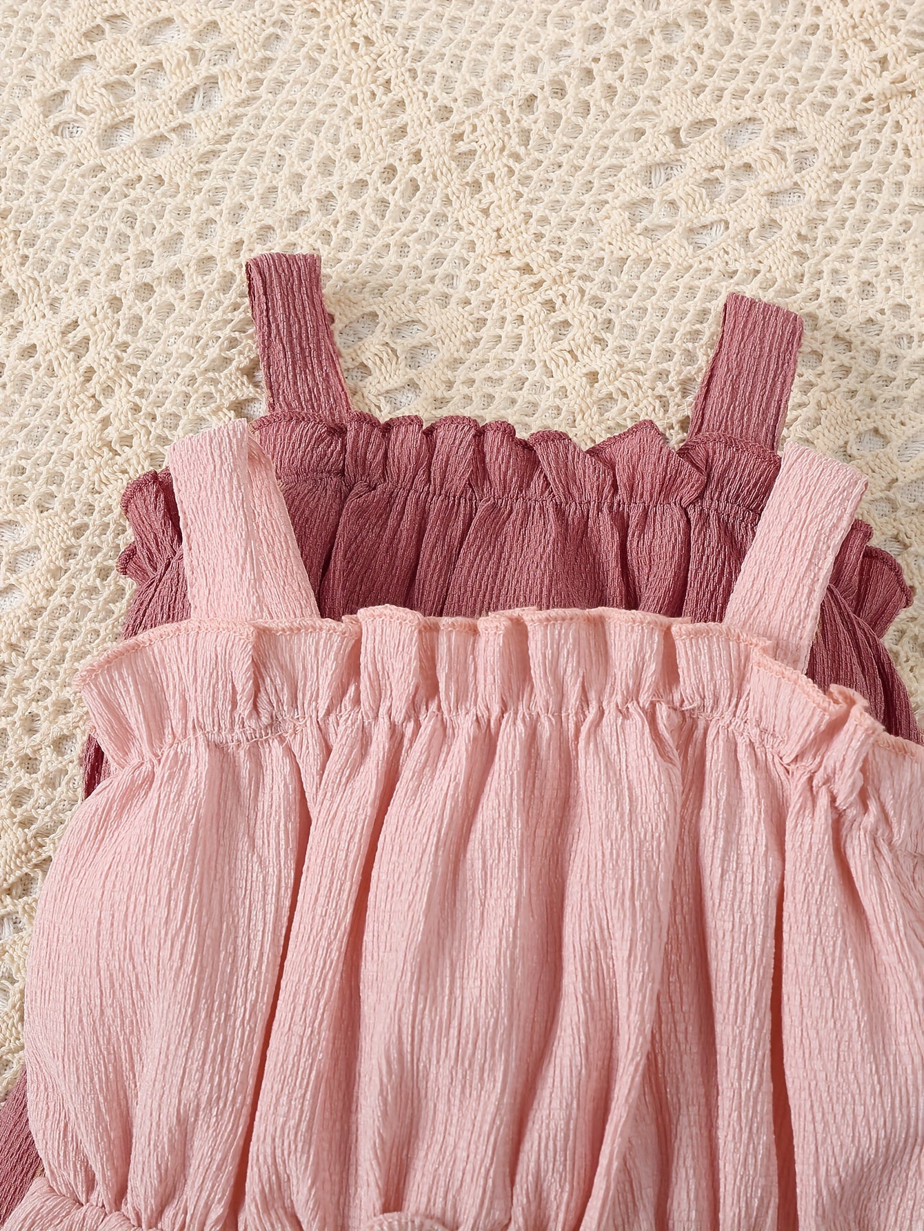 JOPGEEY 2pcs Soft & Stylish Baby Girl Rompers - Solid Color, Bubble Texture with Ruffled Trim, Perfect for Summer Outings, Perfect for Outdoor
