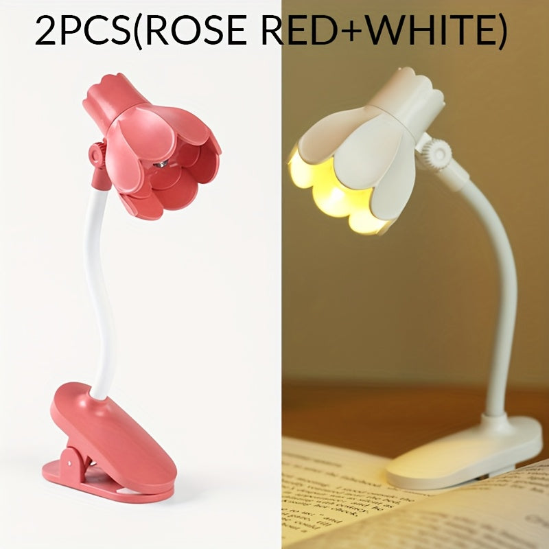 1/2/3pcs MINI Arm Adjustable LED Horn Flower Book Light - Battery-Powered Desk Lamp with Pink & White Design, Perfect for Reading at night, or Desktop Decoration, Portable reading Lighting, Desk Lamps for Home Office,mini boo