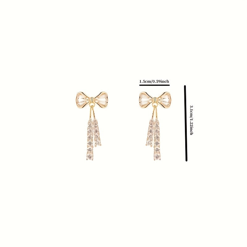 Elegant Silver-Plated Bowknot Earrings with Sparkling Cubic Zirconia Tassels - Ideal for Weddings and Gifts