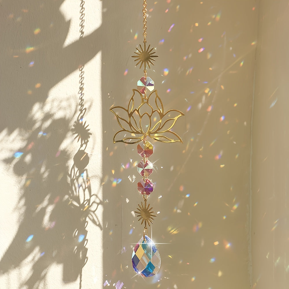 1pc Exquisite Lotus Flower Crystal Glass Suncatcher with Prism Beads, Celestial Accents, and Dazzling Refractions for Beautiful Window Decor and Sunlight Reflection