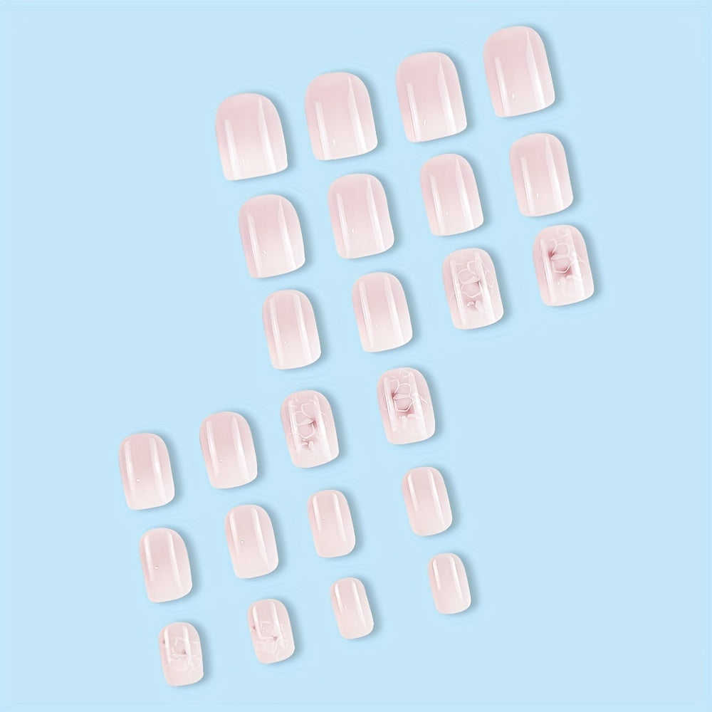 24pcs Glossy Short Square Fake Nails, White Pinkish Gradient Press On Nails With Flower Design, Sweet Cool Full Cover False Nails For Women Girls
