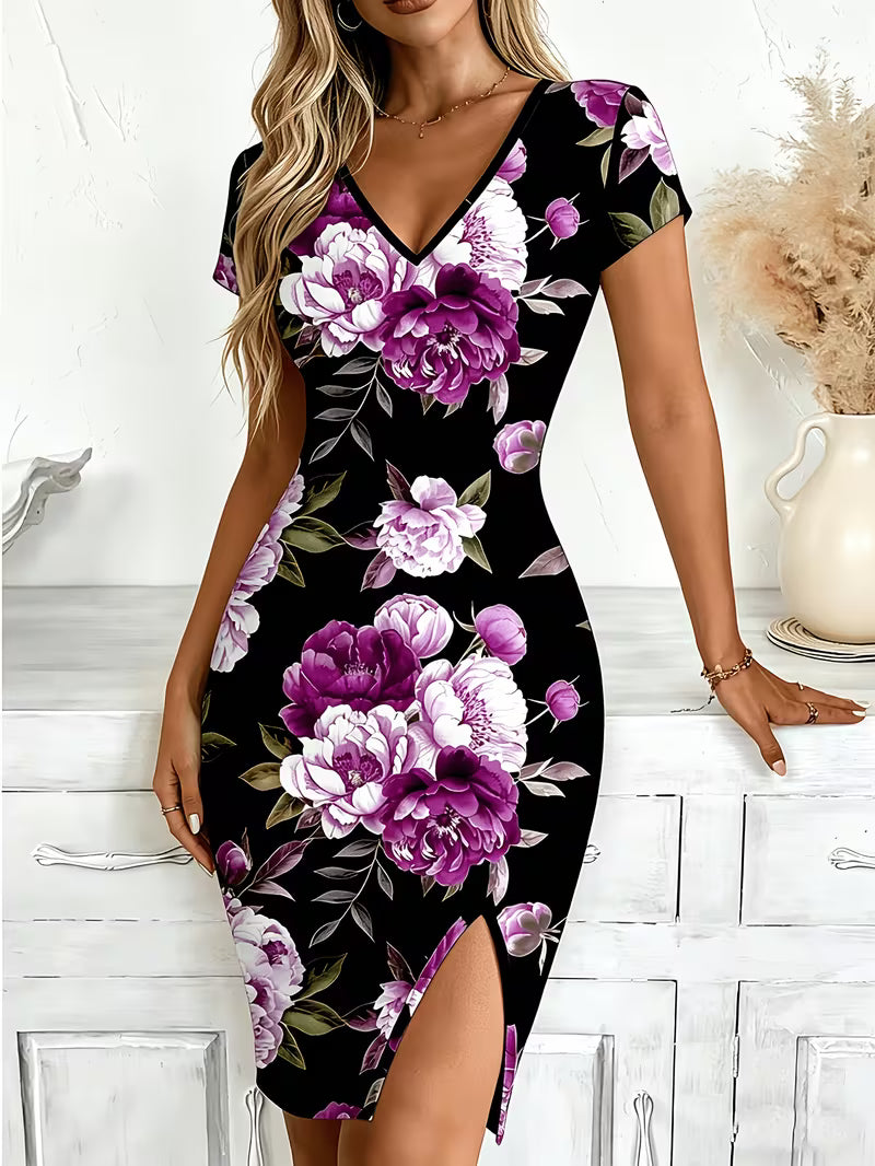 Women's Printed V-neck Short Sleeved Side Slit Dress