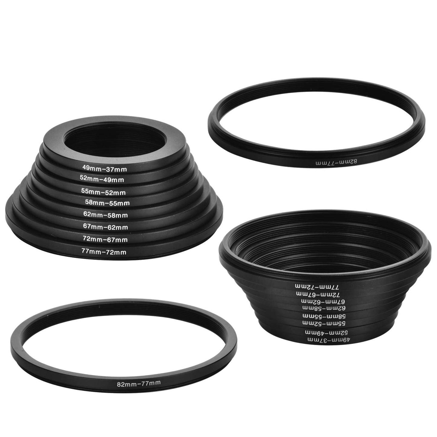 18pcs Camera Lens Filter Step Up And Step Down Lens Filter Stepping Adapter Ring 37 49 52 55 58 62 67 72 77 82mm For Nikon, Canon, Sony, Pacasonic, Fuji Pentax Olympus And Other SLR DSLR Camera Lens