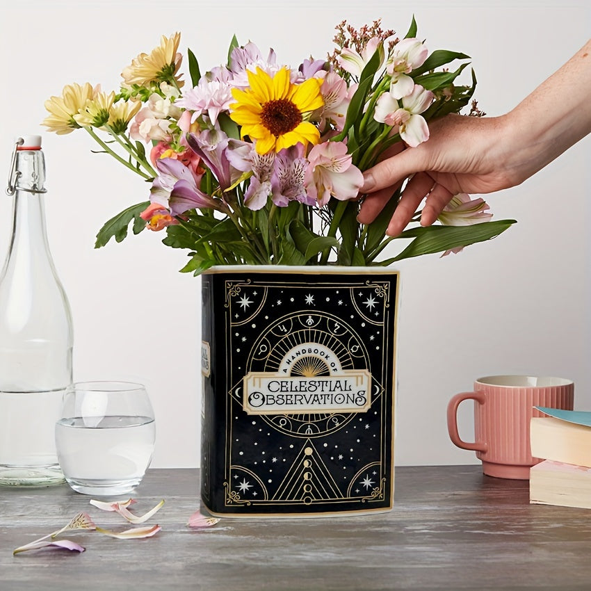 1pc Enchanting Ceramic Book Vase with Tarot Card Design - Celestial Observations, Starry Night Series - Ideal for Kitchen & Living Room Decor, Classic Fantasy Style, Decorative Centerpiece|Artistic Vase|Ceramic Construction,