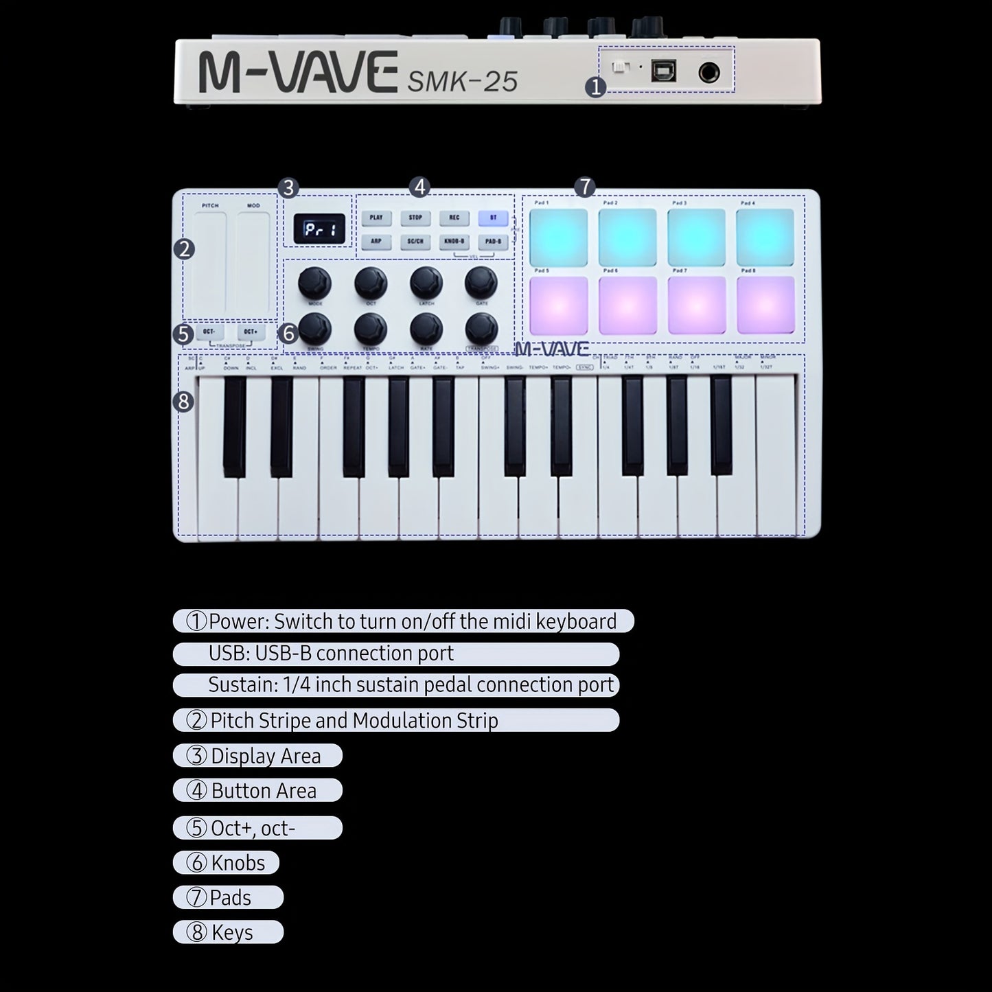 MIDI Master 25 - Portable Mini USB MIDI Controller with 25 Velocity Sensitive Keys, 8 RGB Backlit Pads, 8 Knobs, and Eid Al-Adha Mubarak Design