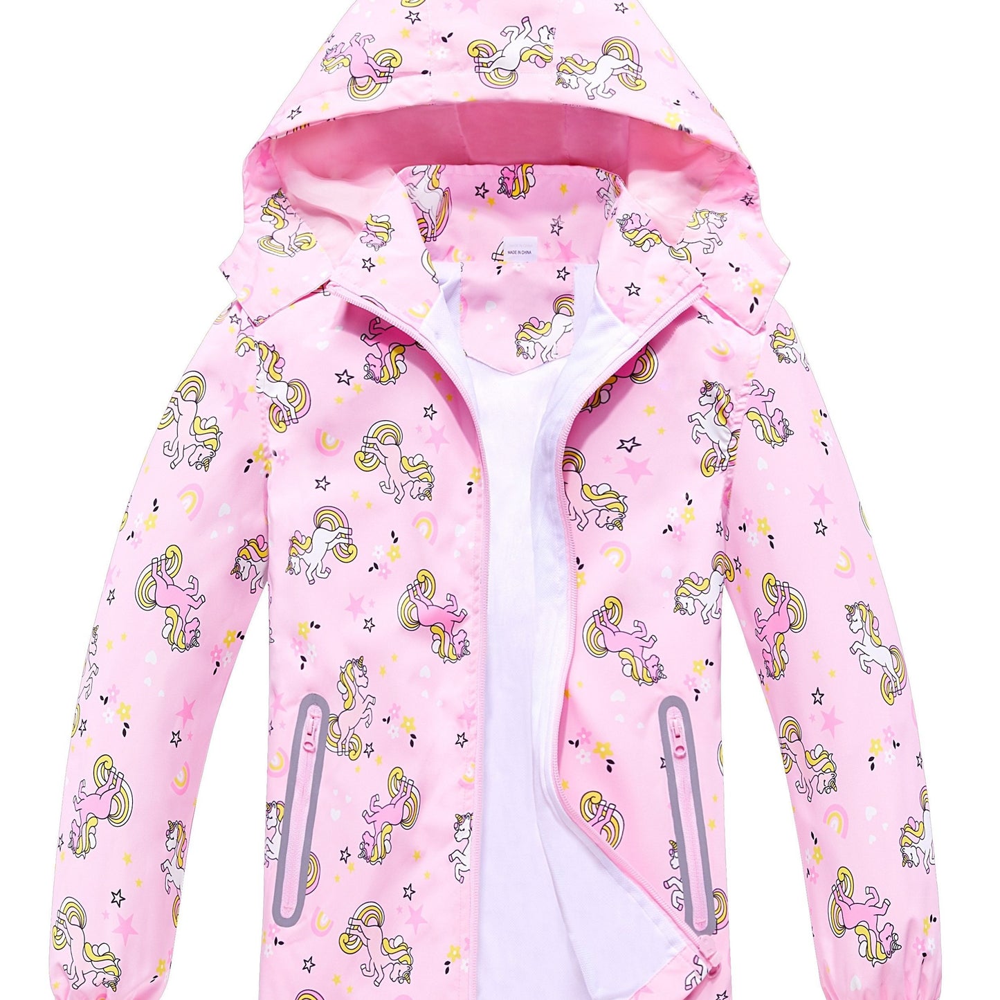 Girls' Unicorn Jacket - Lightweight Windproof Hooded Outerwear with Removable Hood, Pastel Rainbow & Clouds Design, Zip-Up Front, Long Sleeves, and Pockets for Spring/Fall Casual Wear, Unicorn Clothes, Playful Kids Fashion, D