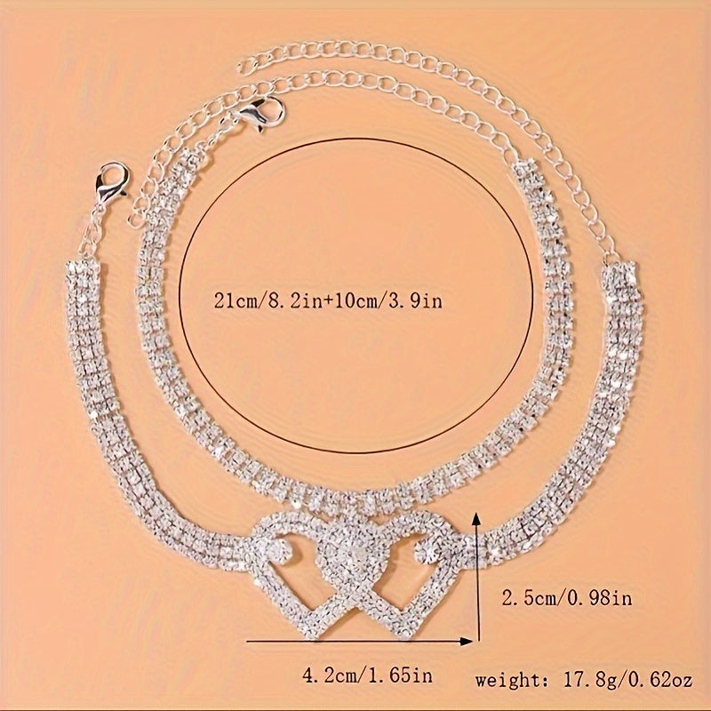 2 Pcs Double Love Heart Rhinestone Chain Anklet Set Shiny Beach Foot Jewelry Wedding Accessories